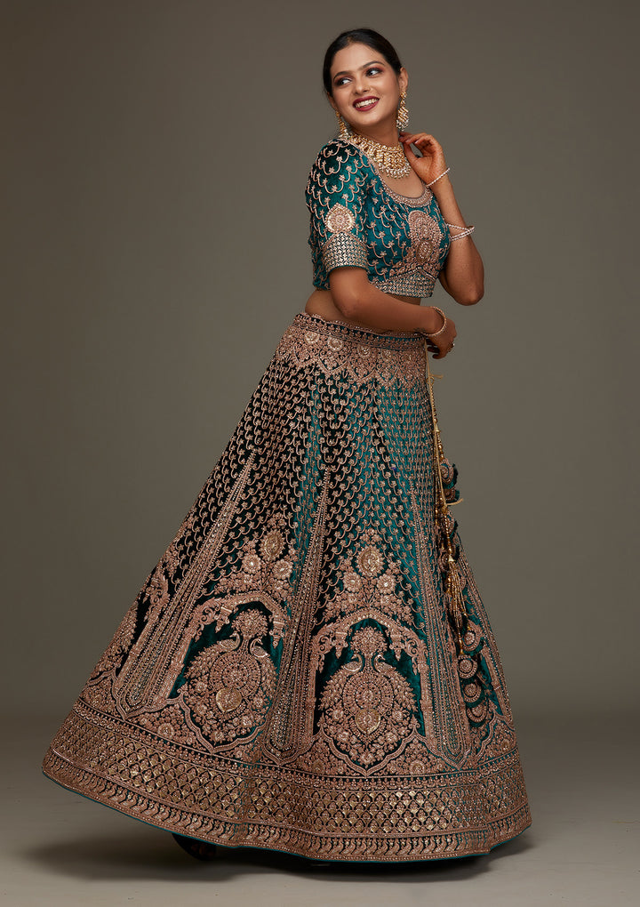 Rama Green Zariwork Velvet Designer Semi-Stitched Lehenga - Koskii