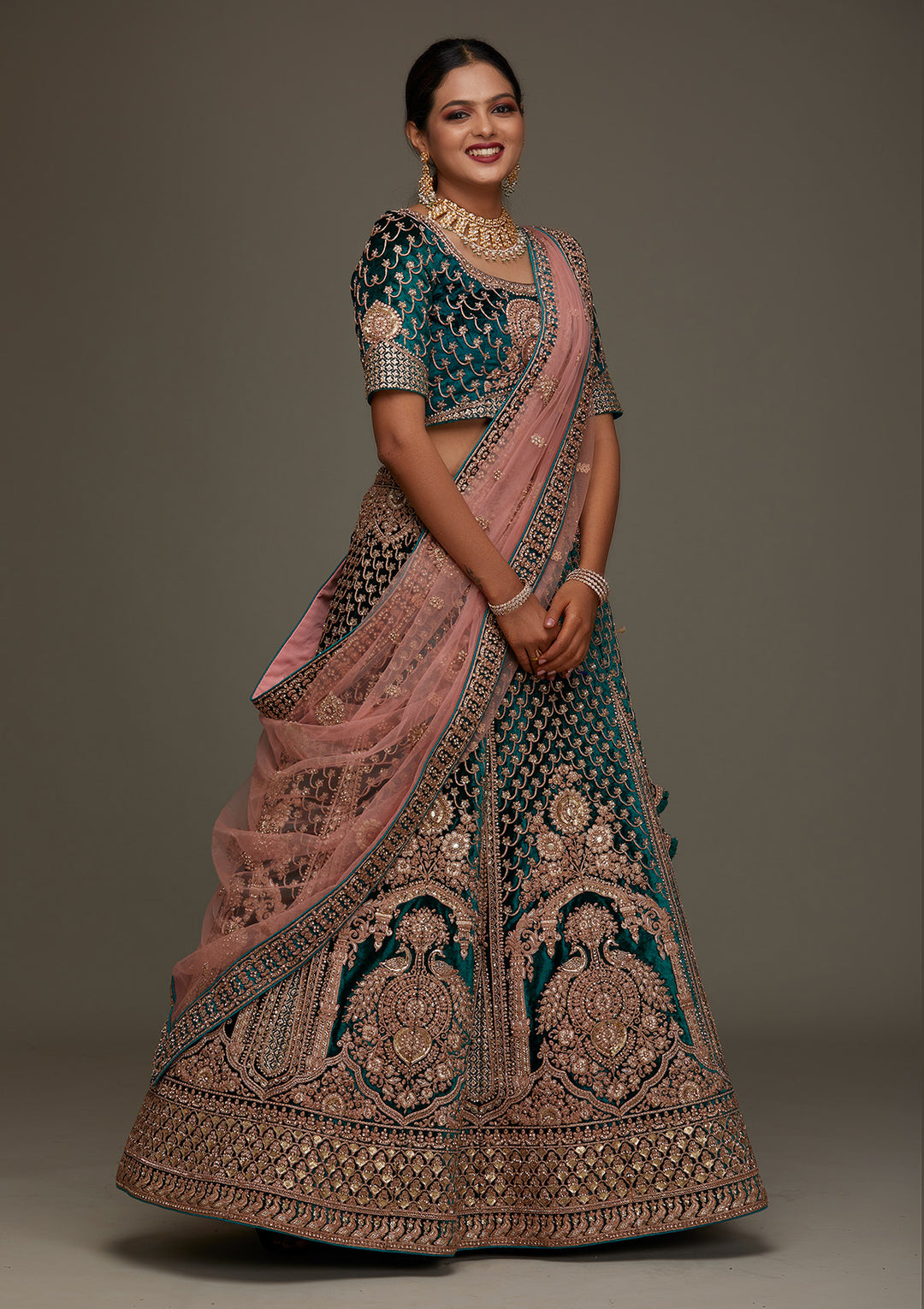 Rama Green Zariwork Velvet Designer Semi-Stitched Lehenga - Koskii