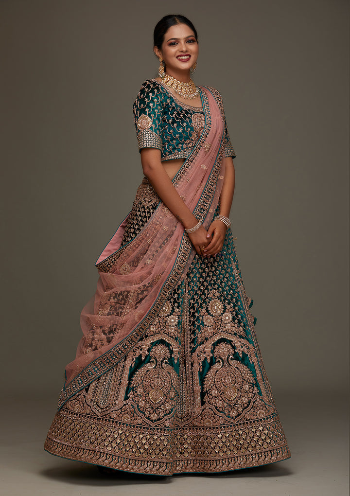 Rama Green Zariwork Velvet Designer Semi-Stitched Lehenga - Koskii