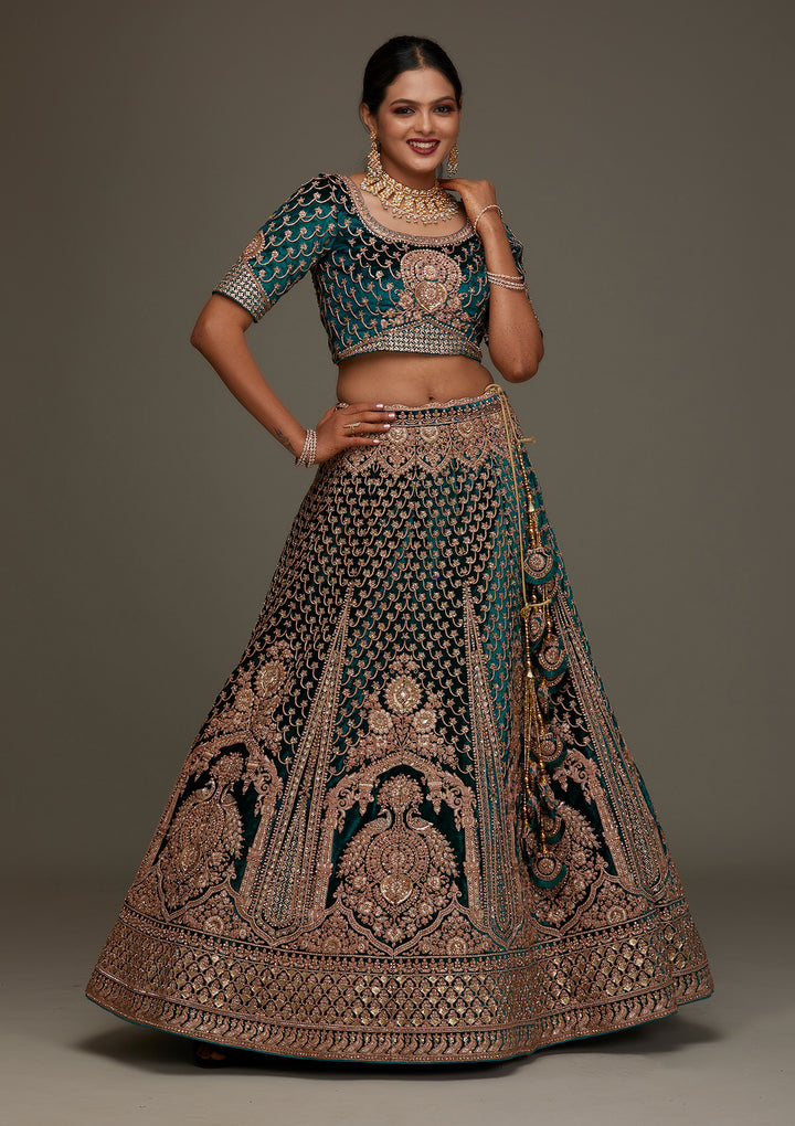Rama Green Zariwork Velvet Designer Semi-Stitched Lehenga - Koskii