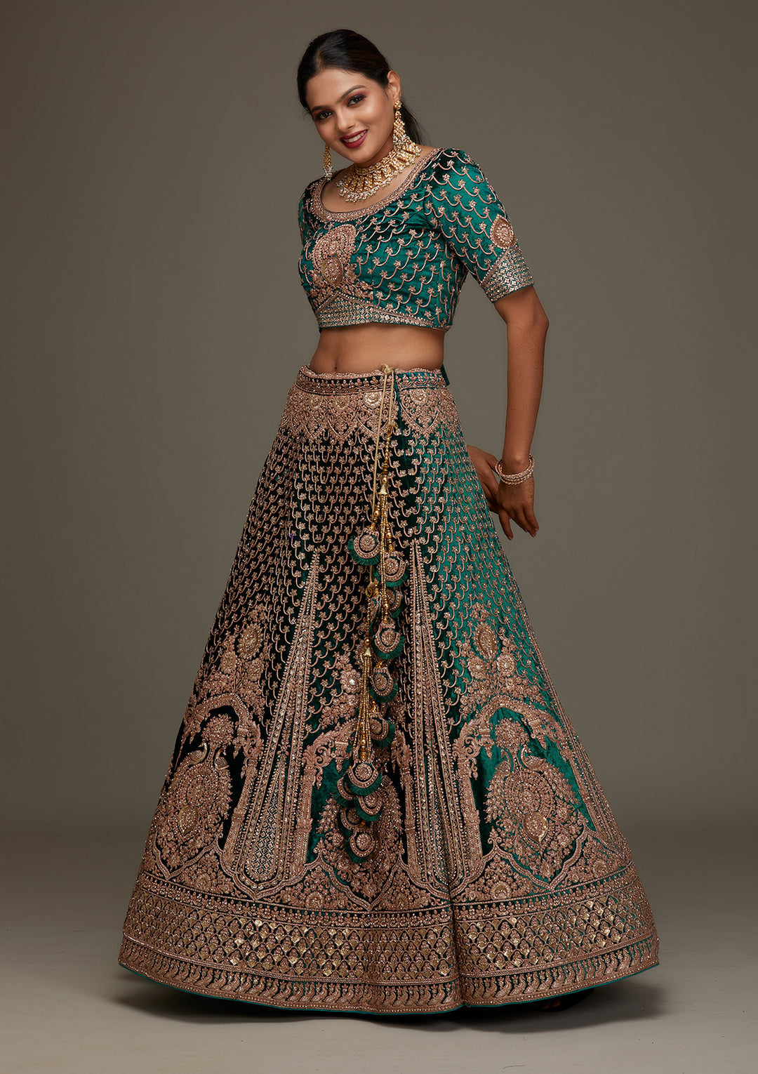 Rama Green Zariwork Velvet Designer Semi-Stitched Lehenga - Koskii