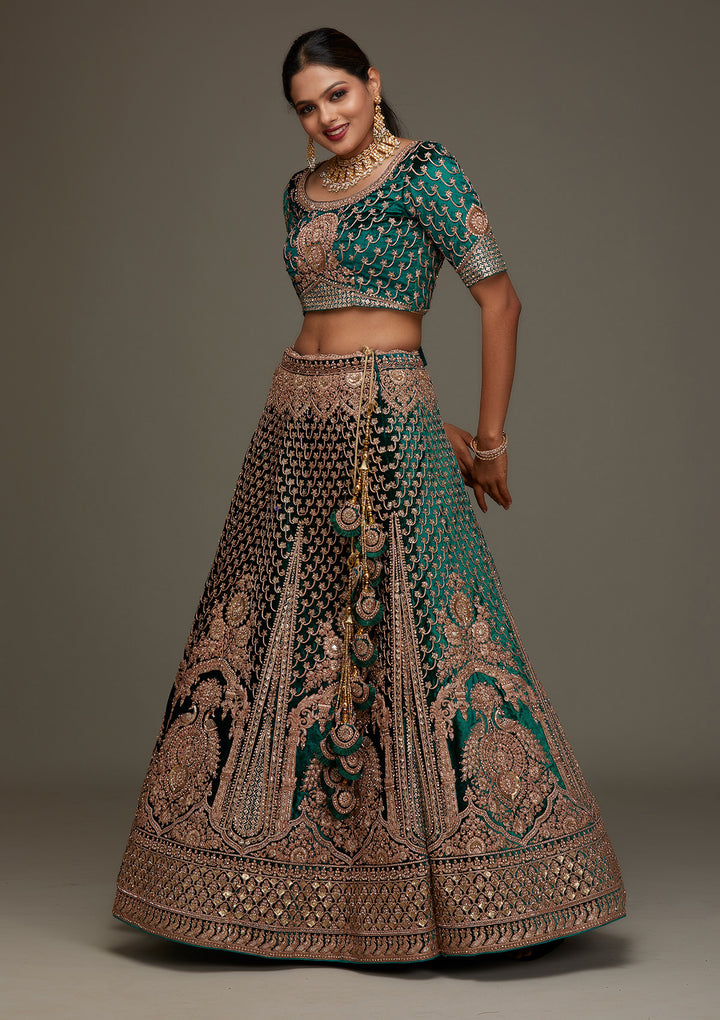 Rama Green Zariwork Velvet Designer Semi-Stitched Lehenga - Koskii