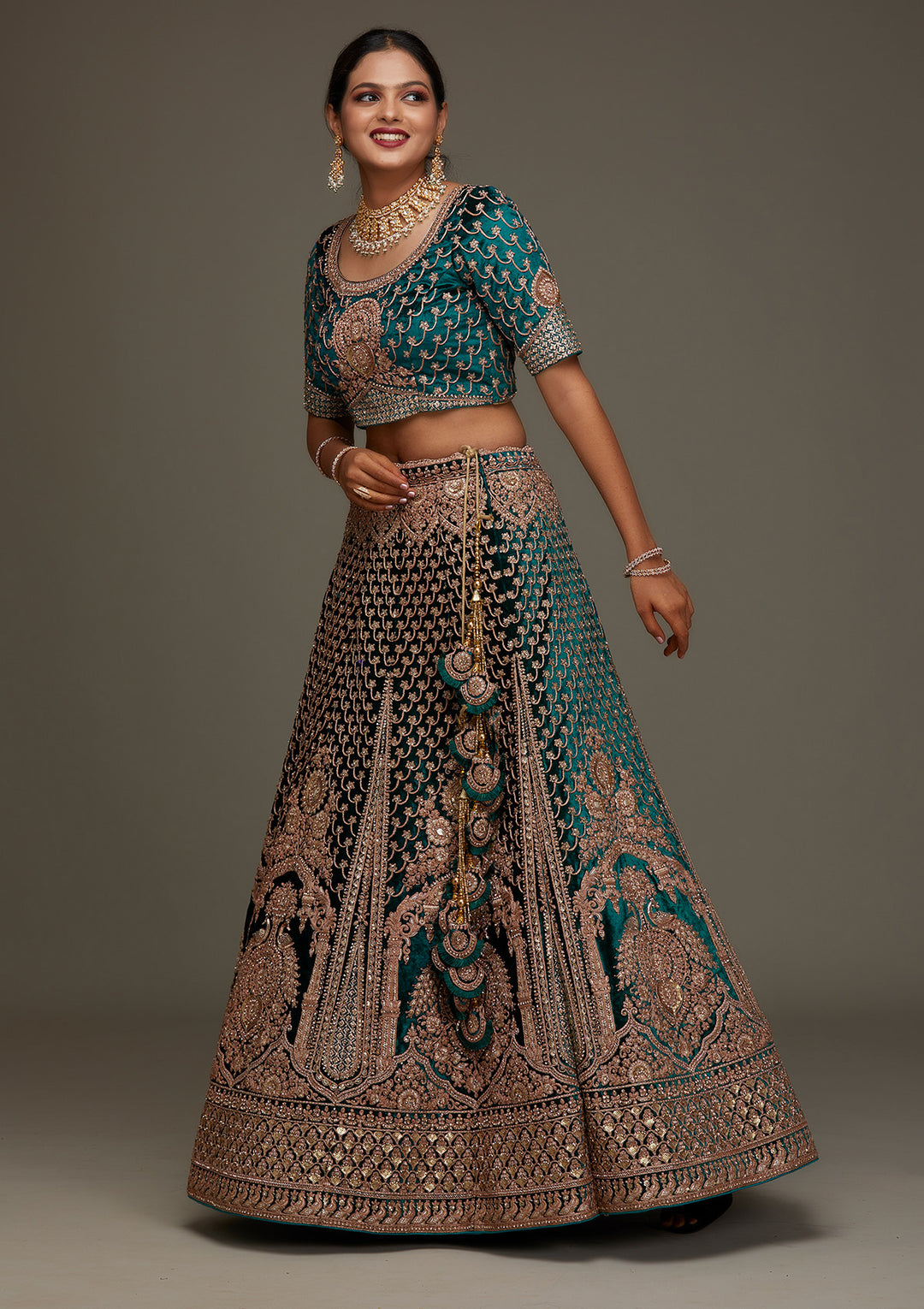 Rama Green Zariwork Velvet Designer Semi-Stitched Lehenga - Koskii
