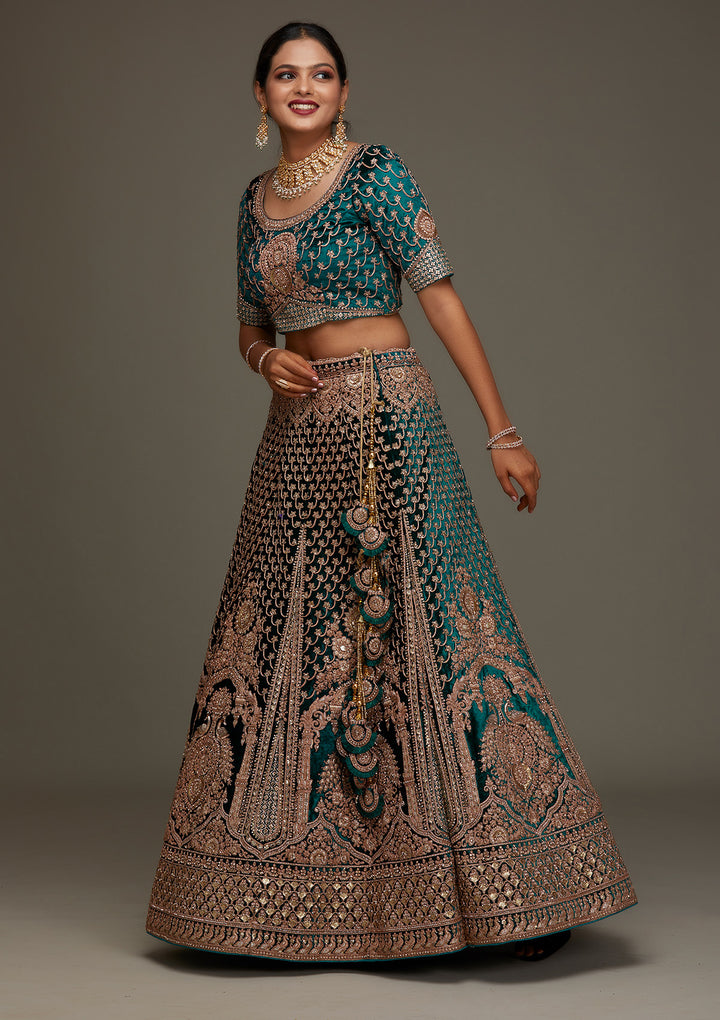 Rama Green Zariwork Velvet Designer Semi-Stitched Lehenga - Koskii
