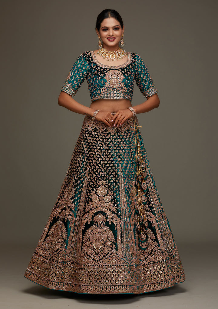 Rama Green Zariwork Velvet Designer Semi-Stitched Lehenga - Koskii