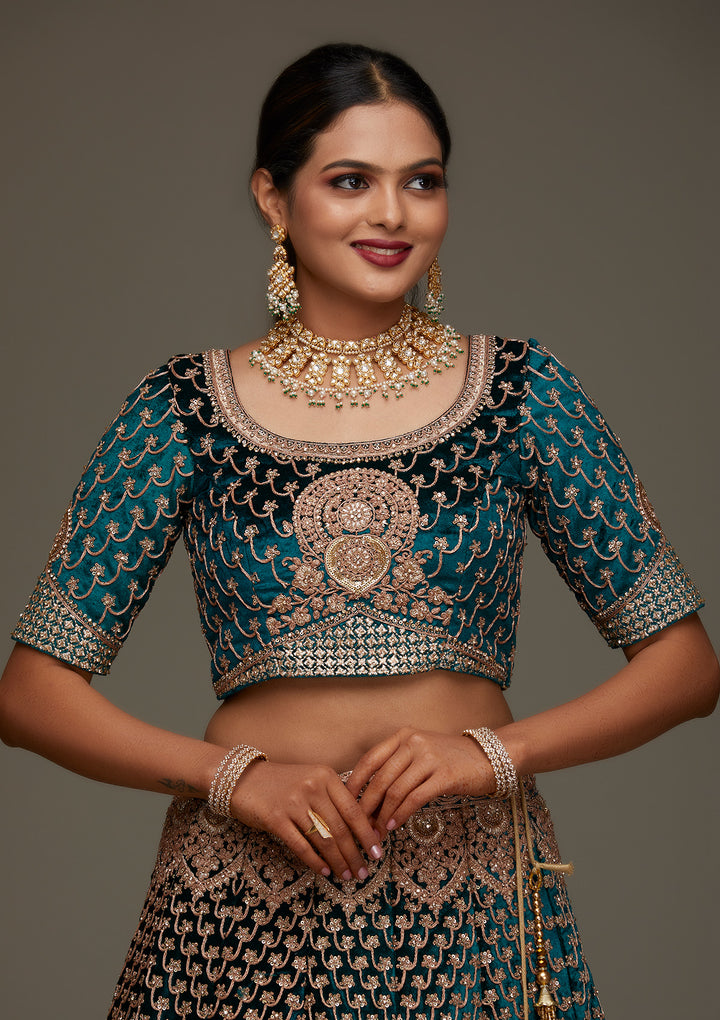 Rama Green Zariwork Velvet Designer Semi-Stitched Lehenga - Koskii