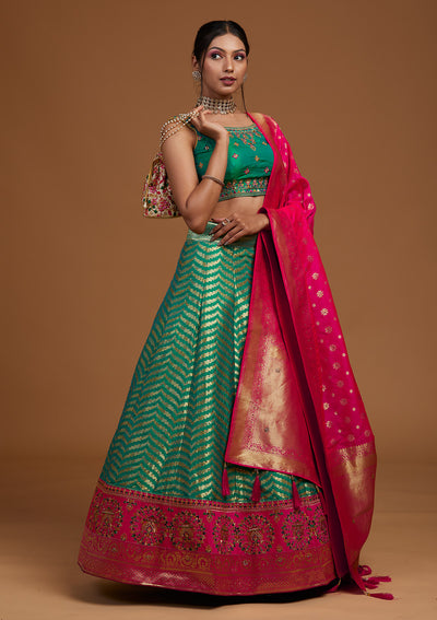 Rama Green Zariwork Raw Silk Designer Lehenga-Koskii