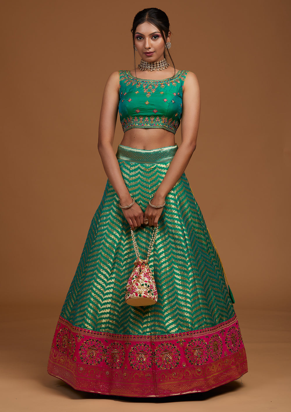 Rama Green Zariwork Raw Silk Designer Lehenga-Koskii