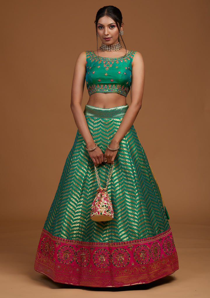 Rama Green Zariwork Raw Silk Designer Lehenga-Koskii