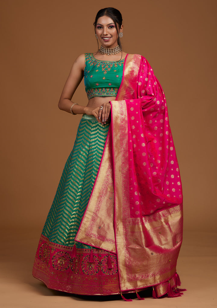 Rama Green Zariwork Raw Silk Designer Lehenga-Koskii