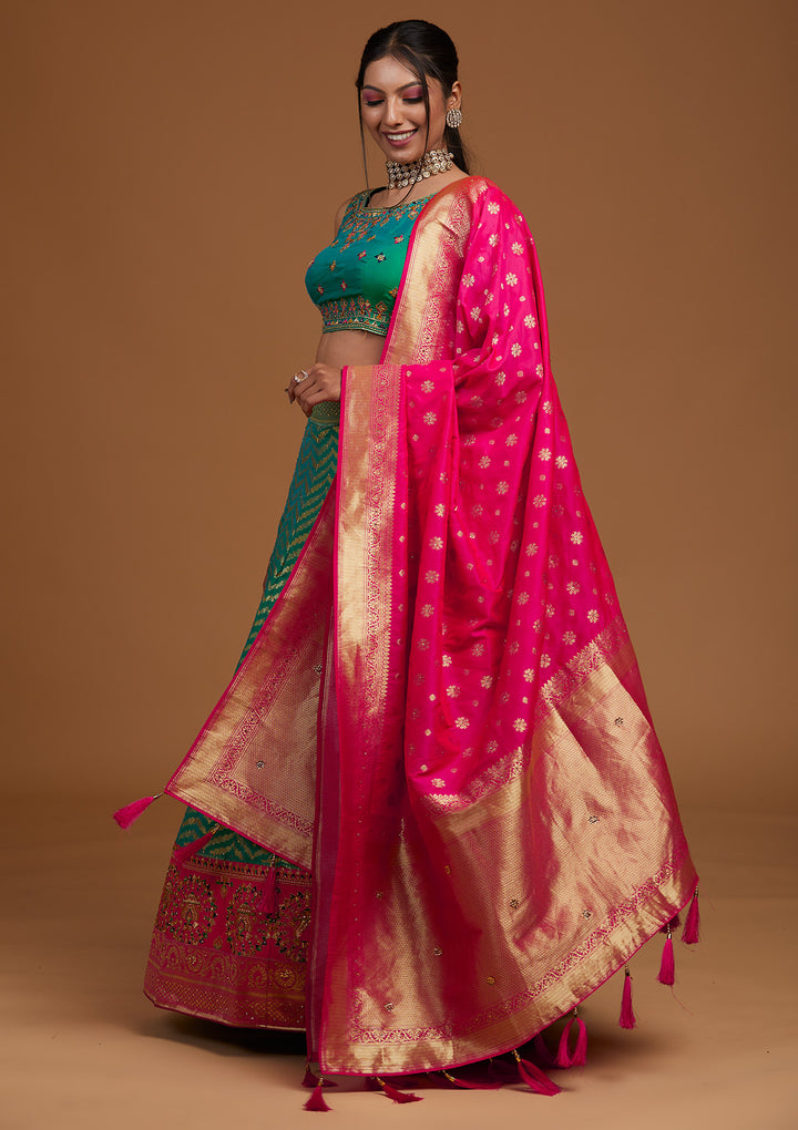 Rama Green Zariwork Raw Silk Designer Lehenga-Koskii