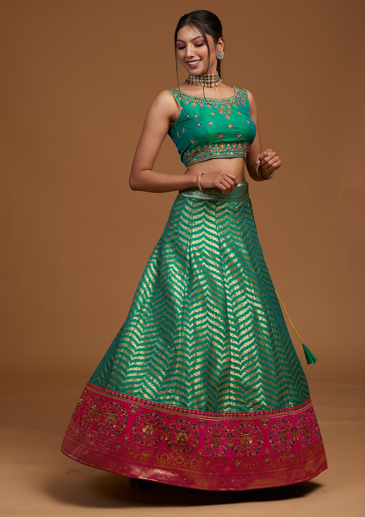 Rama Green Zariwork Raw Silk Designer Lehenga-Koskii