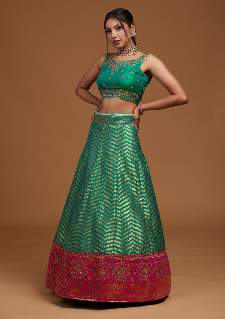 Rama Green Zariwork Raw Silk Designer Lehenga-Koskii