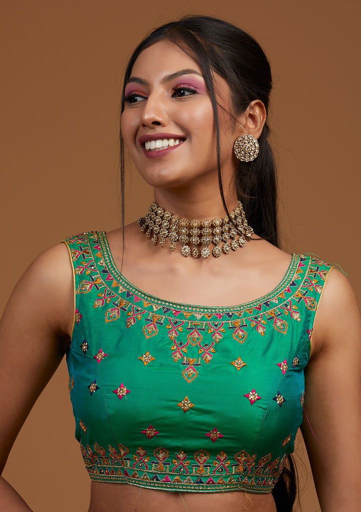 Rama Green Zariwork Raw Silk Designer Lehenga-Koskii