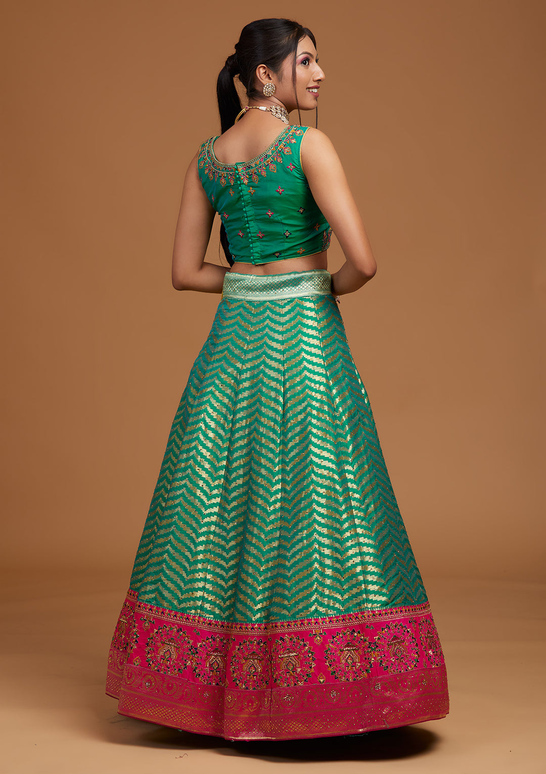 Rama Green Zariwork Raw Silk Designer Lehenga-Koskii