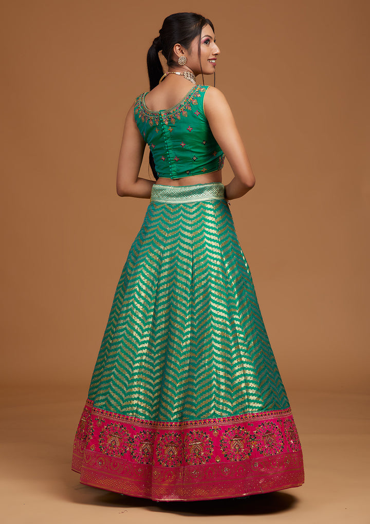 Rama Green Zariwork Raw Silk Designer Lehenga-Koskii