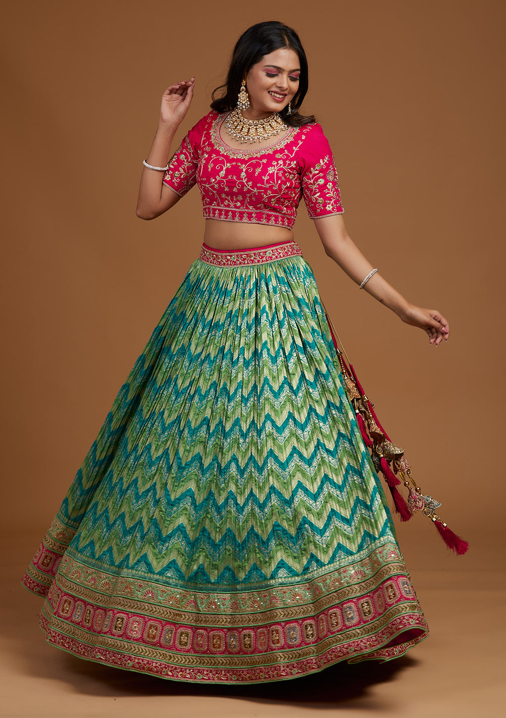 Rama Green Zariwork Raw Silk Designer Lehenga-Koskii