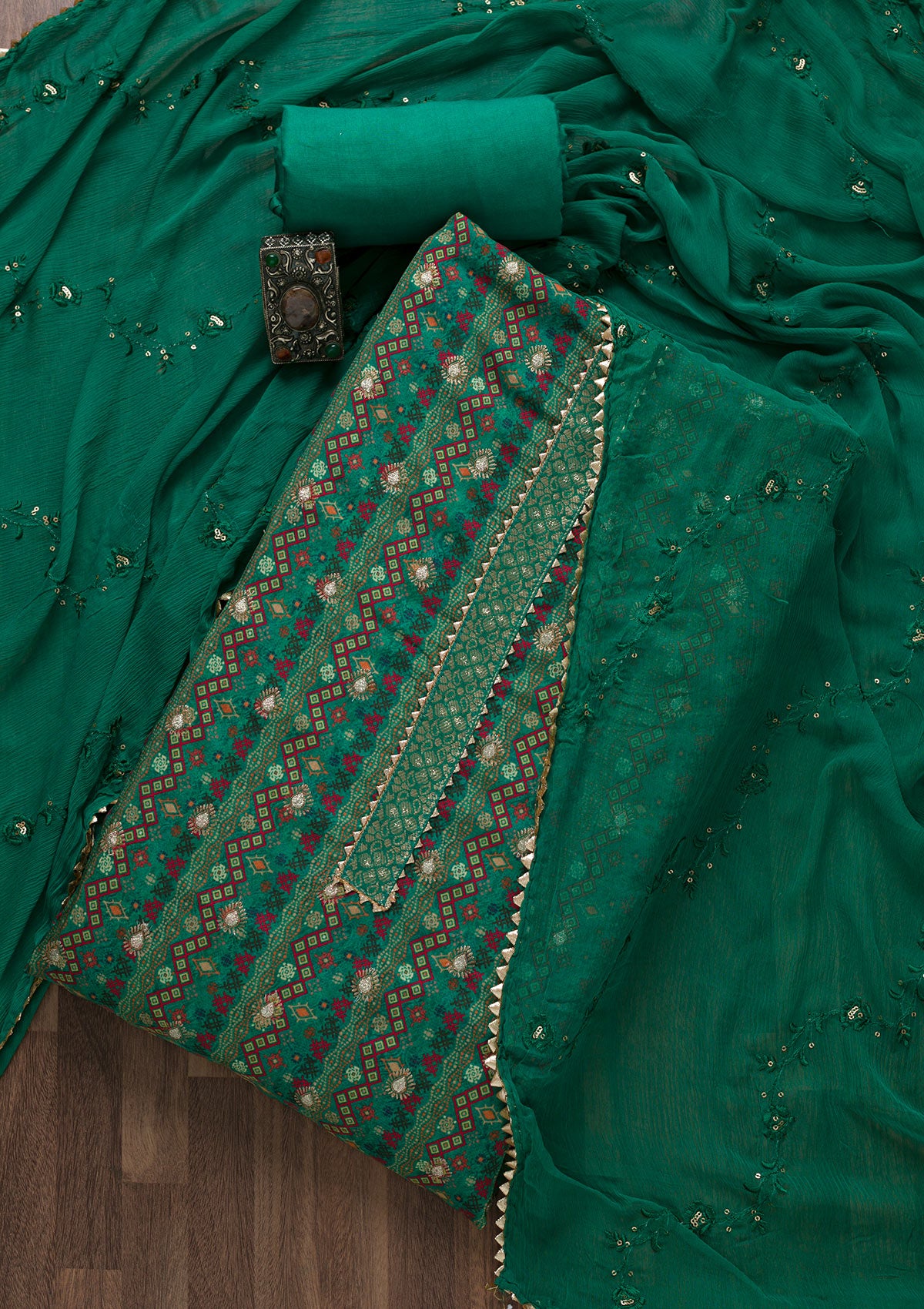 Rama Green Zariwork Semi Crepe Unstitched Salwar Suit-Koskii