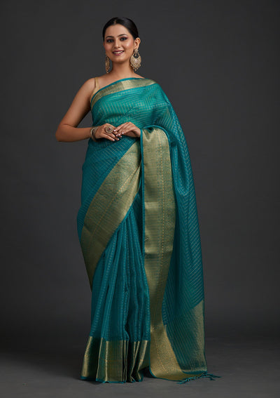 Rama Green Zariwork Tissue Designer Saree - koskii