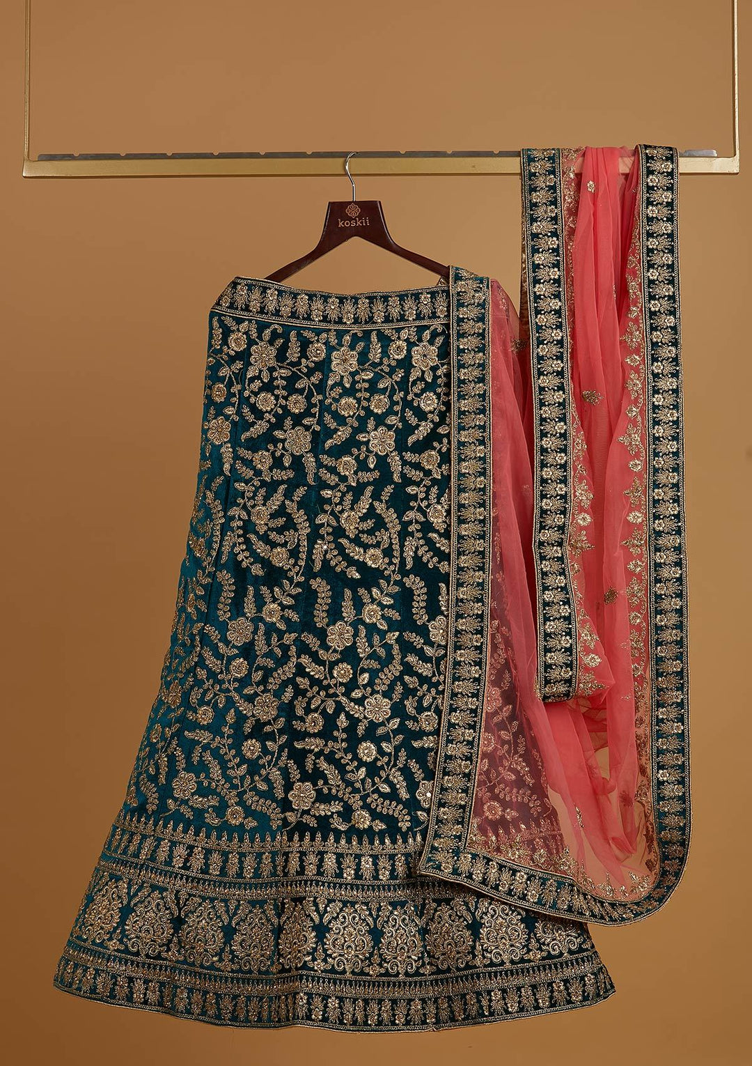 Rama Green Zariwork Velvet Designer Semi-Stitched Lehenga - koskii