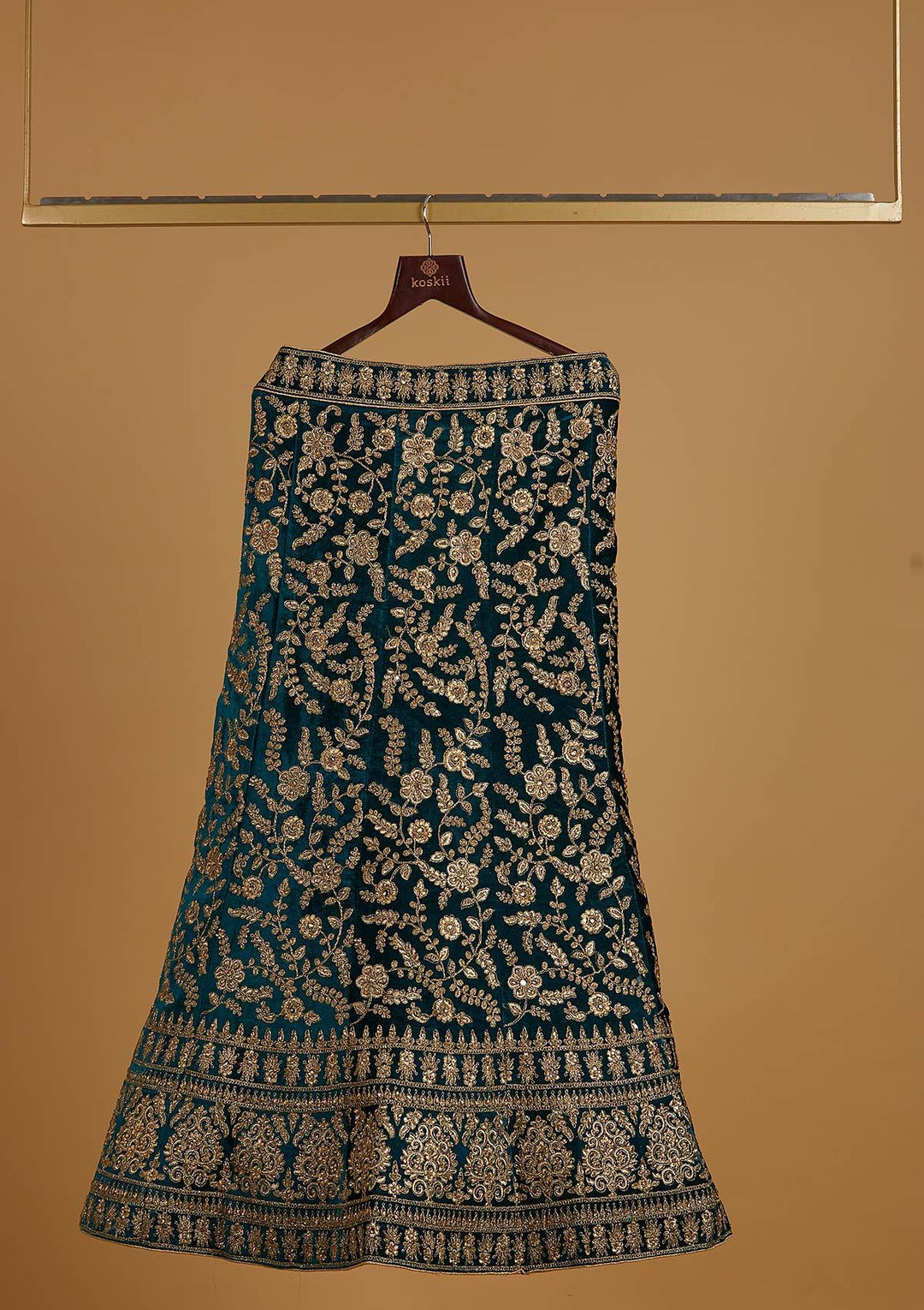 Rama Green Zariwork Velvet Designer Semi-Stitched Lehenga - koskii