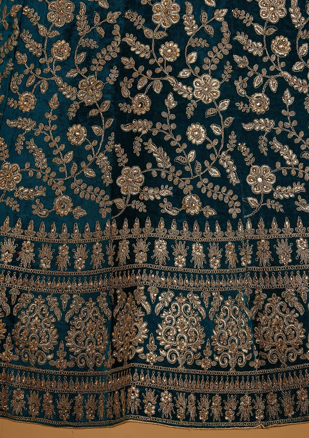Rama Green Zariwork Velvet Designer Semi-Stitched Lehenga - koskii