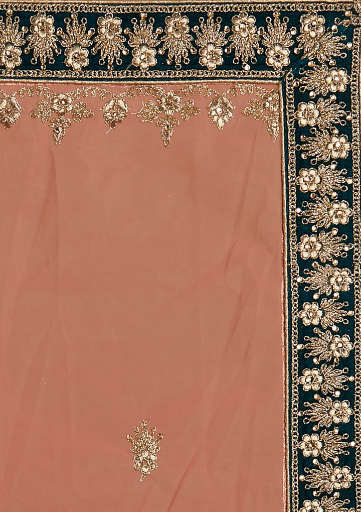 Rama Green Zariwork Velvet Designer Semi-Stitched Lehenga - koskii