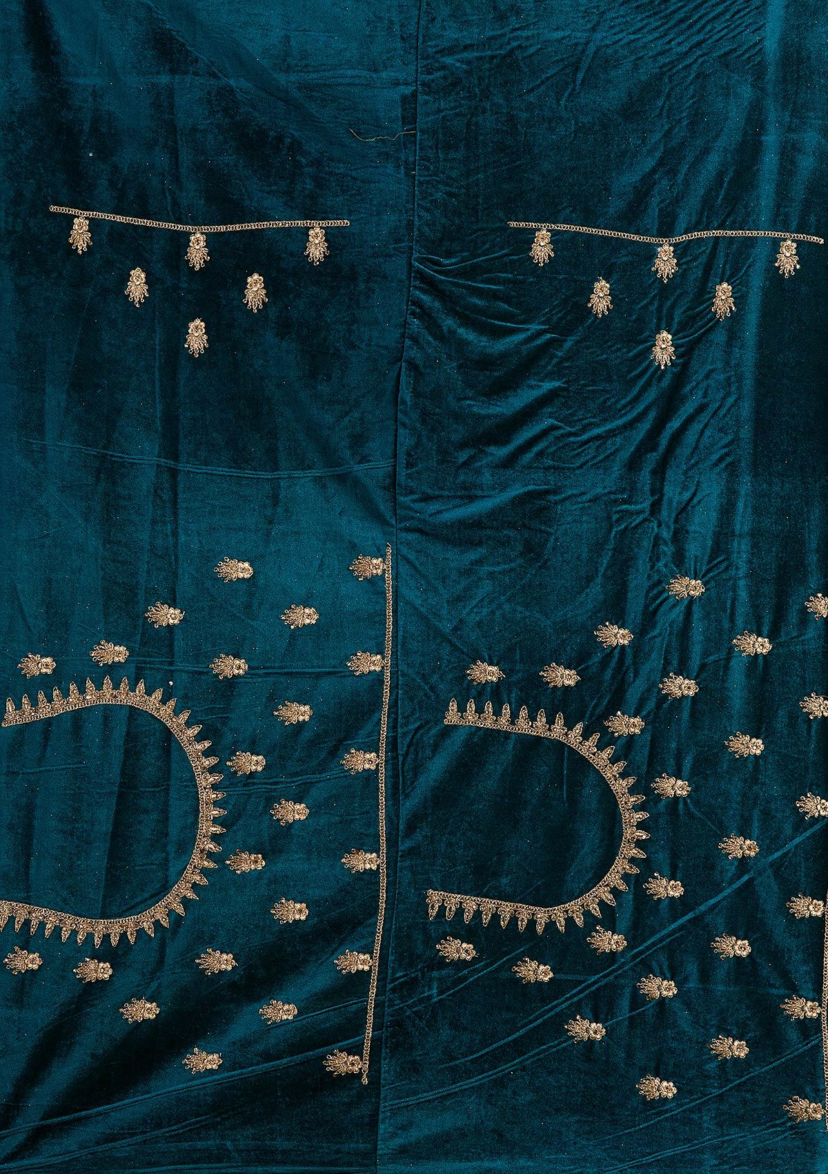 Rama Green Zariwork Velvet Designer Semi-Stitched Lehenga - koskii