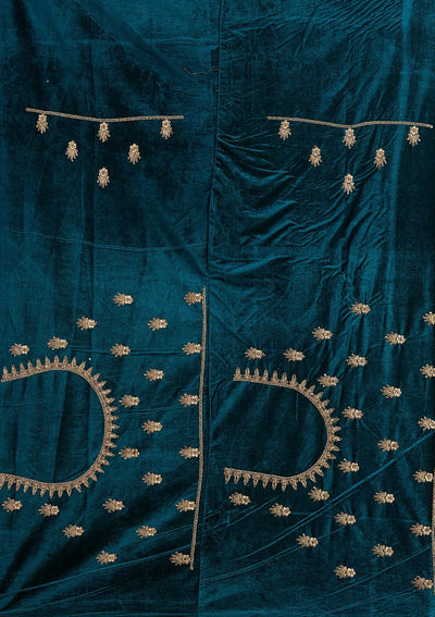 Rama Green Zariwork Velvet Designer Semi-Stitched Lehenga - koskii