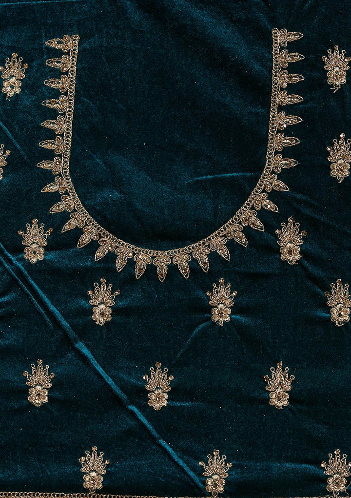 Rama Green Zariwork Velvet Designer Semi-Stitched Lehenga - koskii