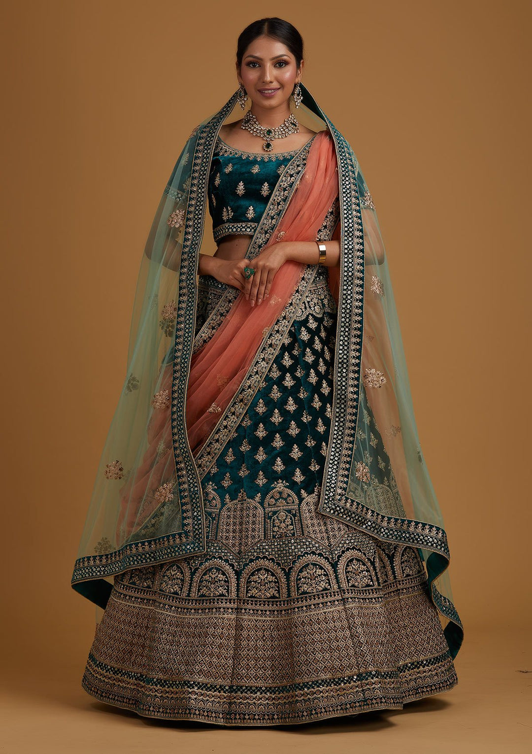 Rama Green Zariwork Velvet Designer Semi-Stitched Lehenga - koskii