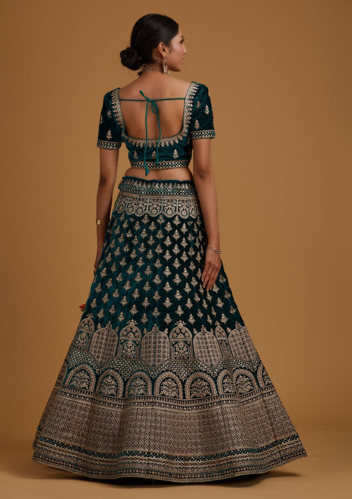 Rama Green Zariwork Velvet Designer Semi-Stitched Lehenga - koskii