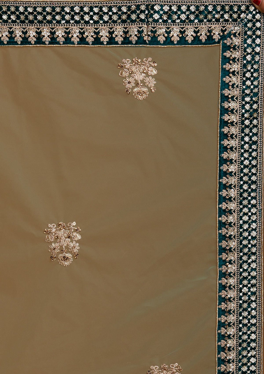 Rama Green Zariwork Velvet Designer Semi-Stitched Lehenga - koskii