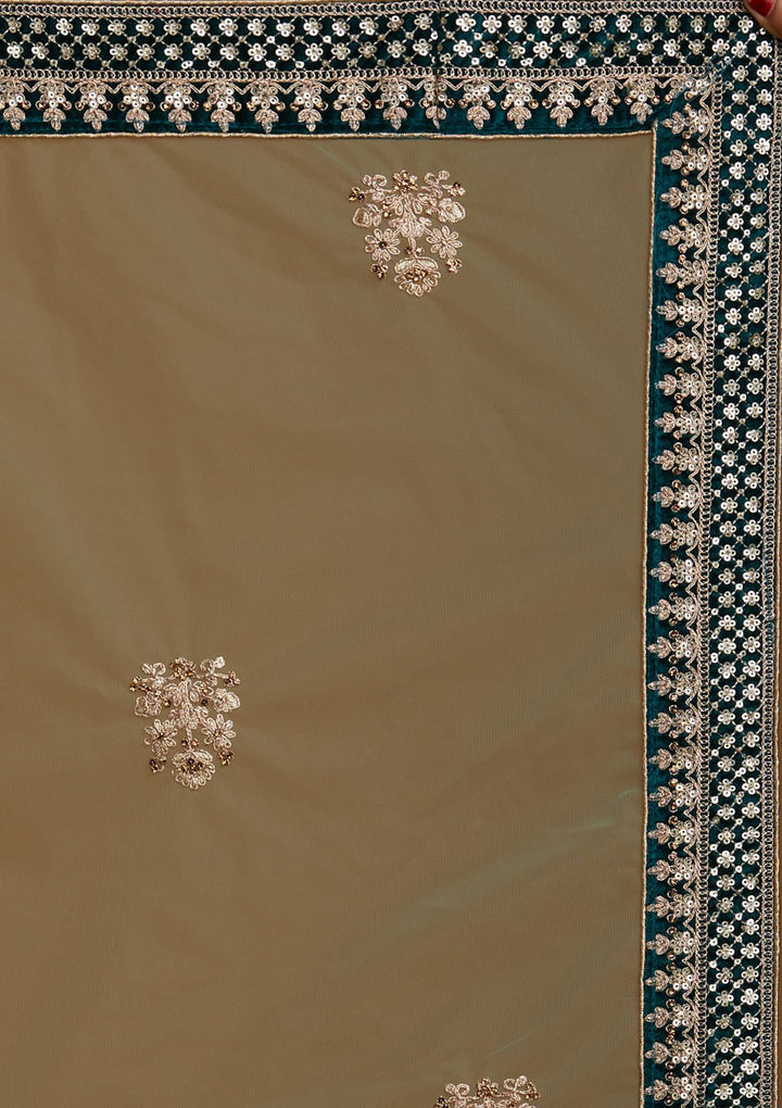 Rama Green Zariwork Velvet Designer Semi-Stitched Lehenga - koskii