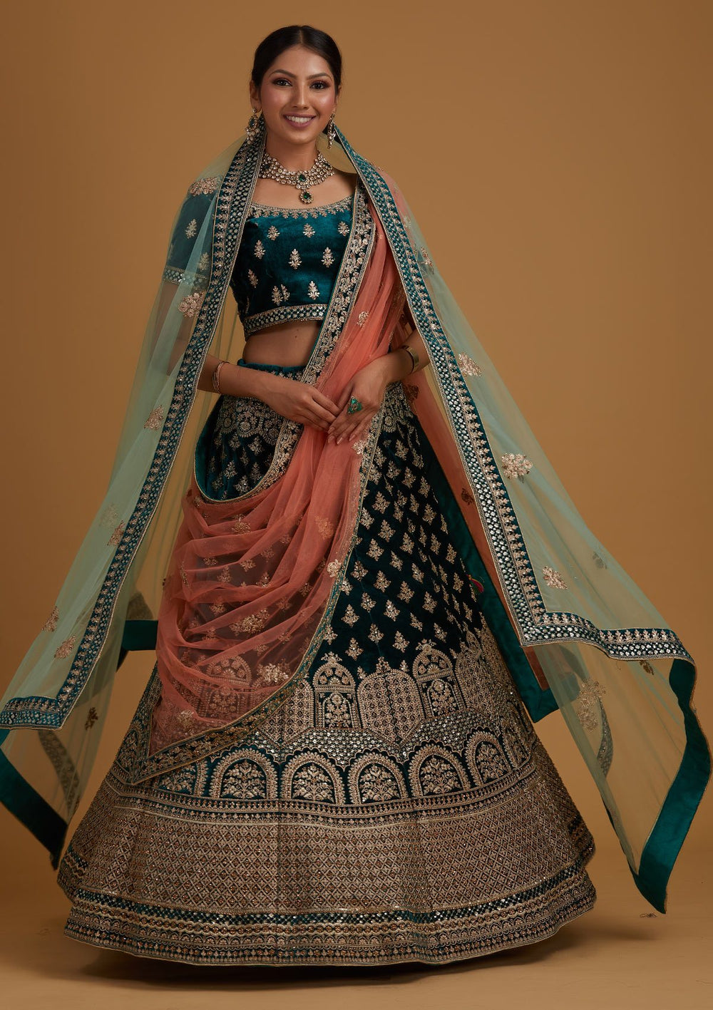 Rama Green Zariwork Velvet Designer Semi-Stitched Lehenga - koskii