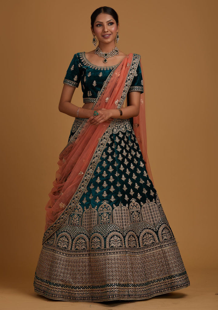 Rama Green Zariwork Velvet Designer Semi-Stitched Lehenga - koskii