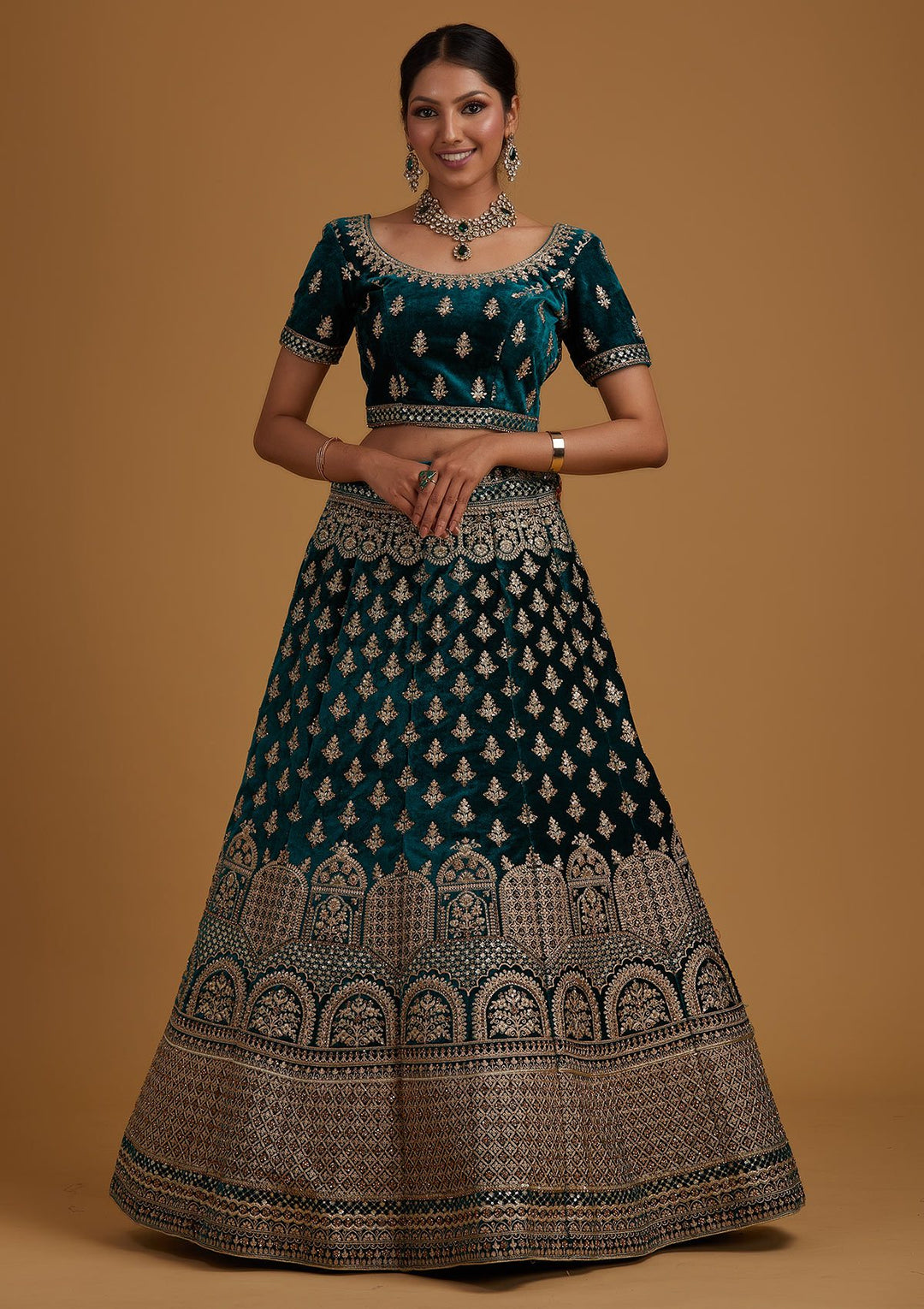 Rama Green Zariwork Velvet Designer Semi-Stitched Lehenga - koskii