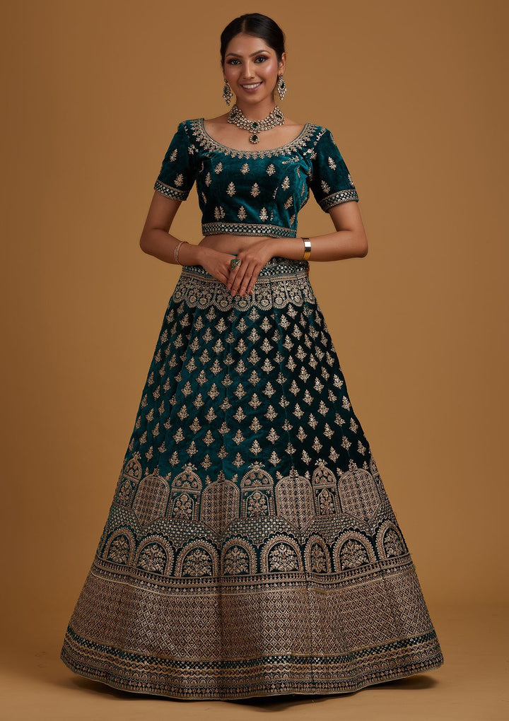 Rama Green Zariwork Velvet Designer Semi-Stitched Lehenga - koskii