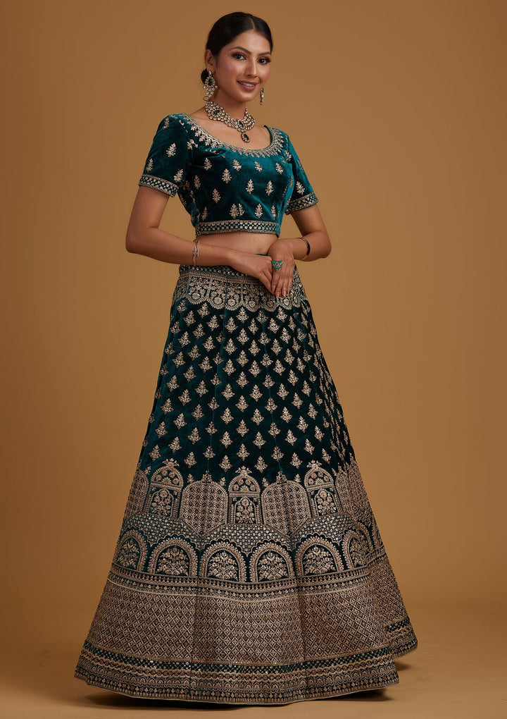 Rama Green Zariwork Velvet Designer Semi-Stitched Lehenga - koskii