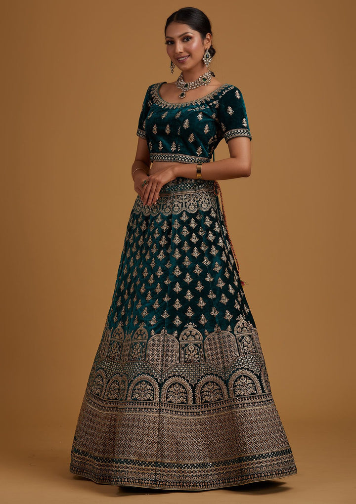 Rama Green Zariwork Velvet Designer Semi-Stitched Lehenga - koskii