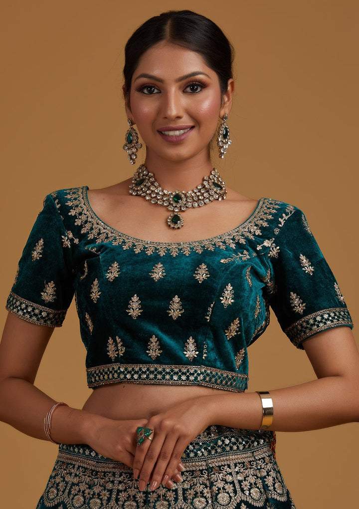 Rama Green Zariwork Velvet Designer Semi-Stitched Lehenga - koskii