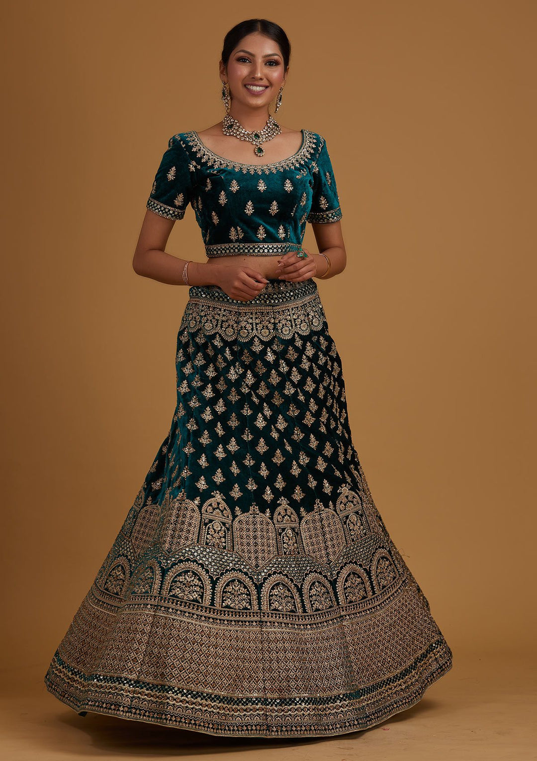 Rama Green Zariwork Velvet Designer Semi-Stitched Lehenga - koskii