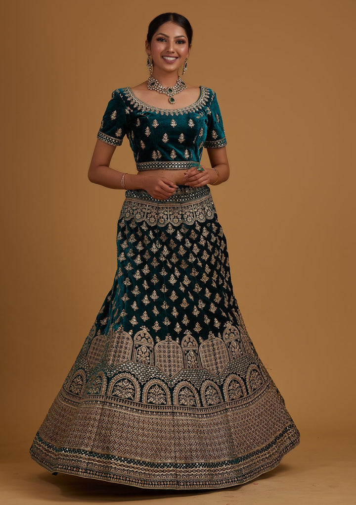 Rama Green Zariwork Velvet Designer Semi-Stitched Lehenga - koskii