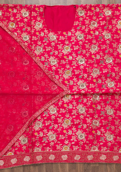 Rani Pink Raw Silk Cutdana Unstitched Salwar Suit-Koskii