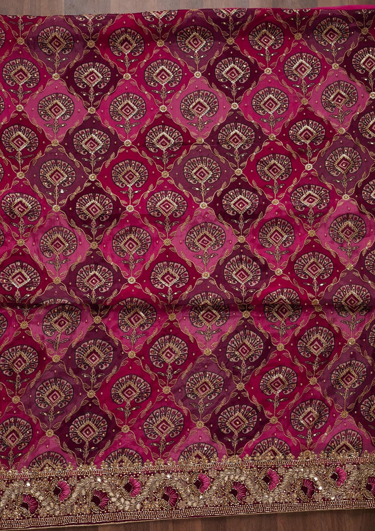 Rani Pink Cutdana Semi Crepe Unstitched Salwar Suit - Koskii