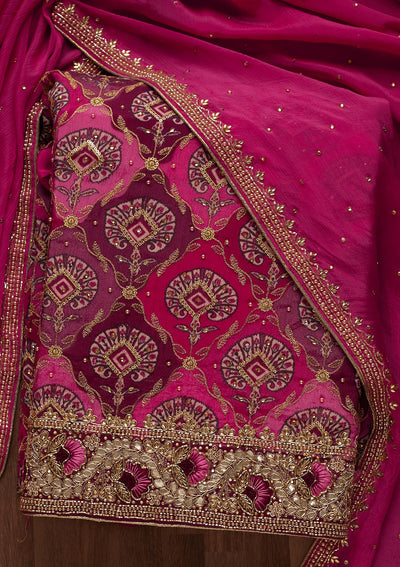 Rani Pink Cutdana Semi Crepe Unstitched Salwar Suit - Koskii