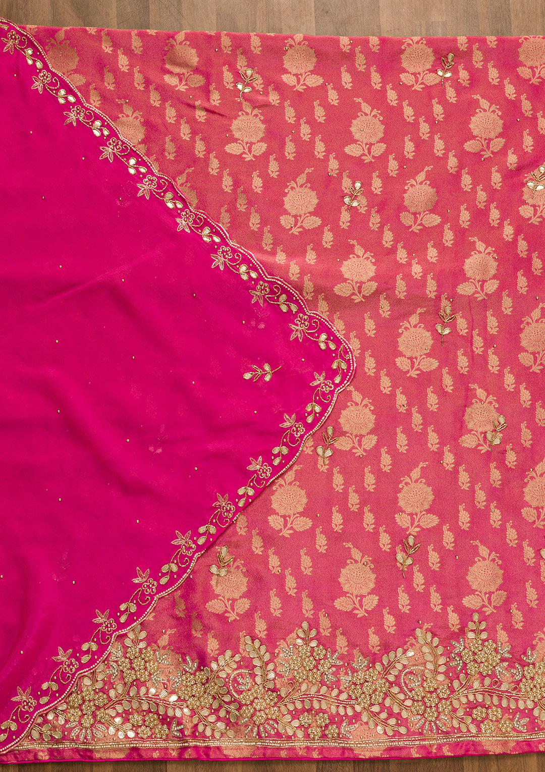 Rani Pink Gotapatti Brocade Unstitched Salwar Suit-Koskii