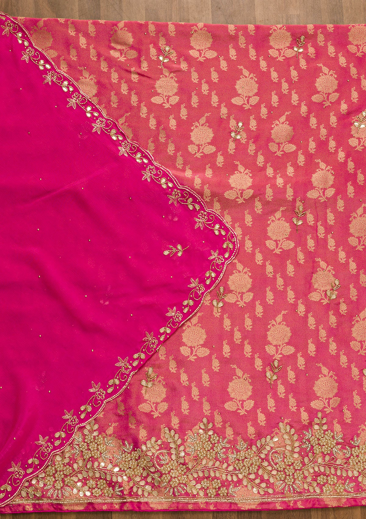 Rani Pink Gotapatti Brocade Unstitched Salwar Suit-Koskii