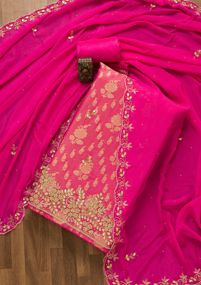 Rani Pink Gotapatti Brocade Unstitched Salwar Suit-Koskii