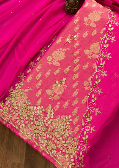 Rani Pink Gotapatti Brocade Unstitched Salwar Suit-Koskii